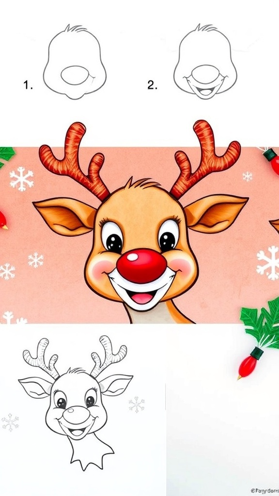Rudolph the Red-Nosed Reindeer Drawing Guide Step-by-step drawing guide of Rudolph the Red-Nosed Reindeer with festive decorations.